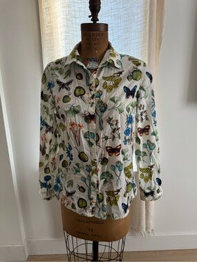J. McLaughlin White Botanical & Butterfly Button-Up Blouse
